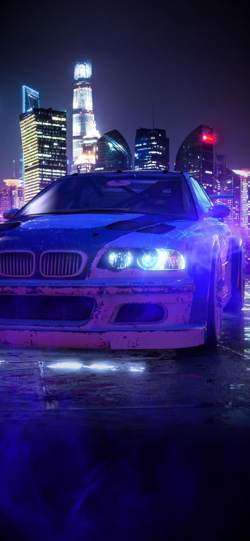BMW M3 sportscar parked on a wet city street reflecting purple and blue neon lights from nearby skyscrapers.