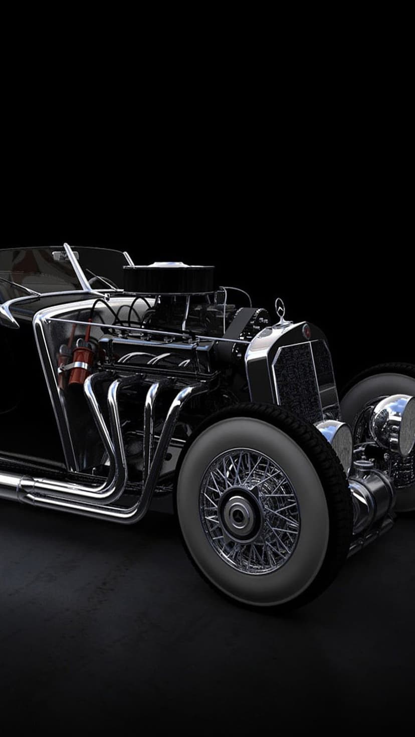 Classic black hot rod with an exposed chrome engine, white-wall tires, and wire wheels on a dark background.