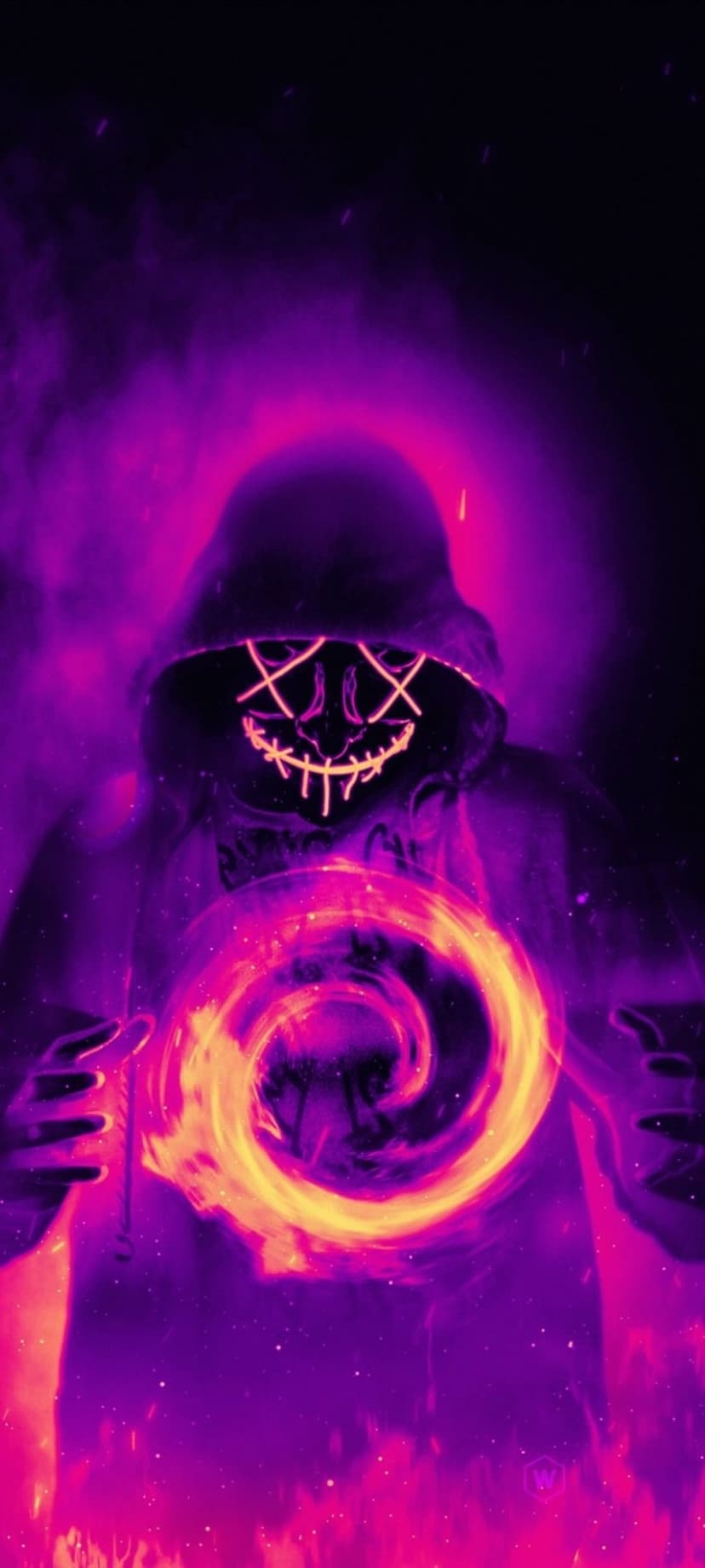 Hooded figure in a neon pink mask holds a glowing yellow energy vortex against a smoky purple background.