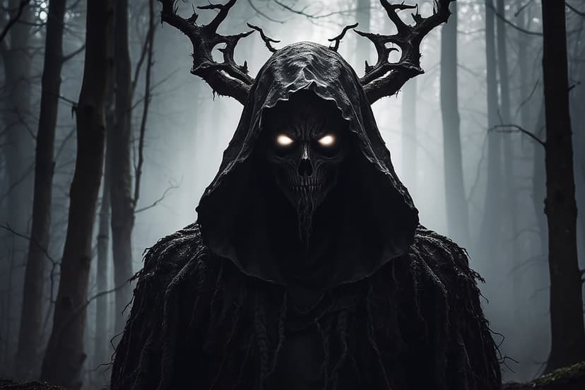 Antlered forest spirit with glowing yellow eyes stands amidst thick grey fog and dark silhouetted trees.