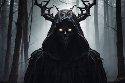 Eerie Forest Spirit with Antlers and Glowing Eyes