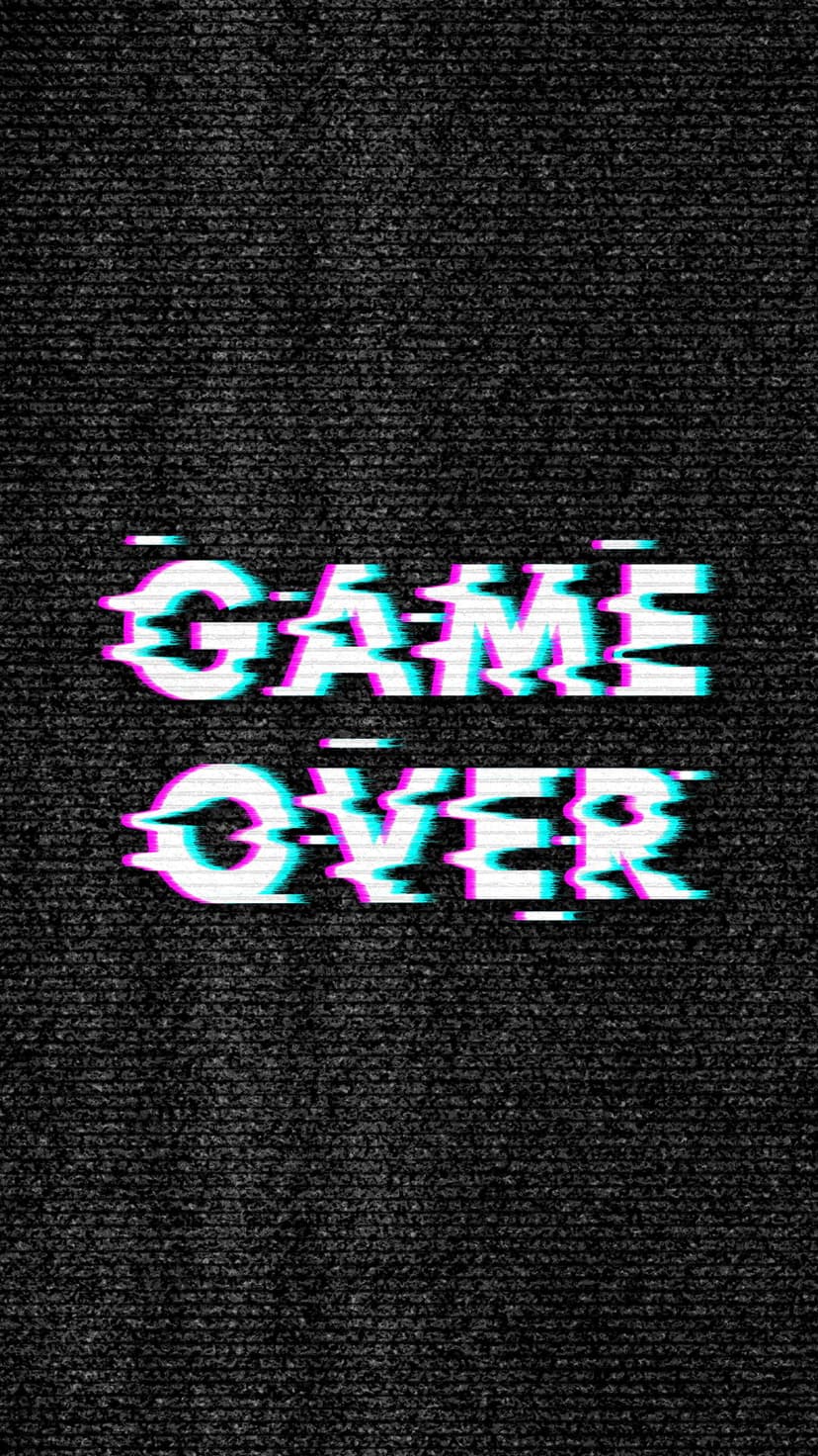 Game Over text with cyan and magenta glitch effects centered on a dark, noisy, textured vertical background.