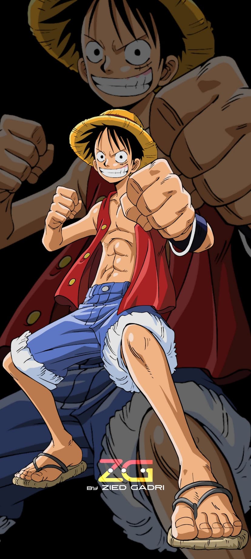 Monkey D. Luffy with a determined face and muscular build wears a red vest and blue shorts against a silhouette.