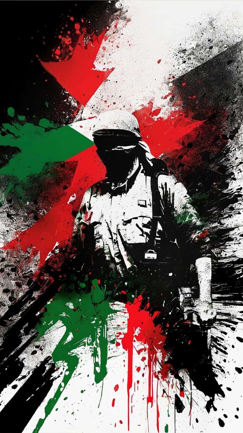 Masked Palestinian fighter silhouette centered between green, red, and black paint splatters on a white backdrop.