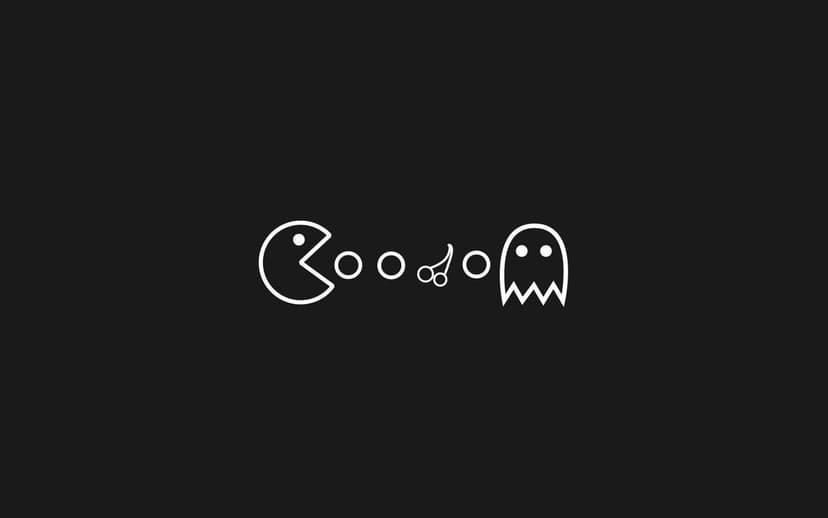 White outline of Pac-Man, dots, a cherry, and a ghost character centered on a solid dark gray background.