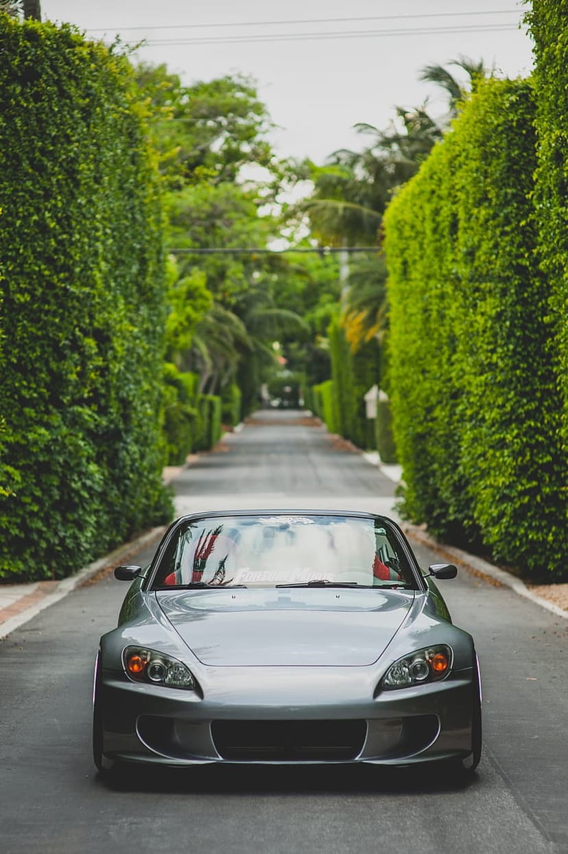 Silver Honda S2000 sports car parked on a paved driveway surrounded by tall green hedges and tropical trees.