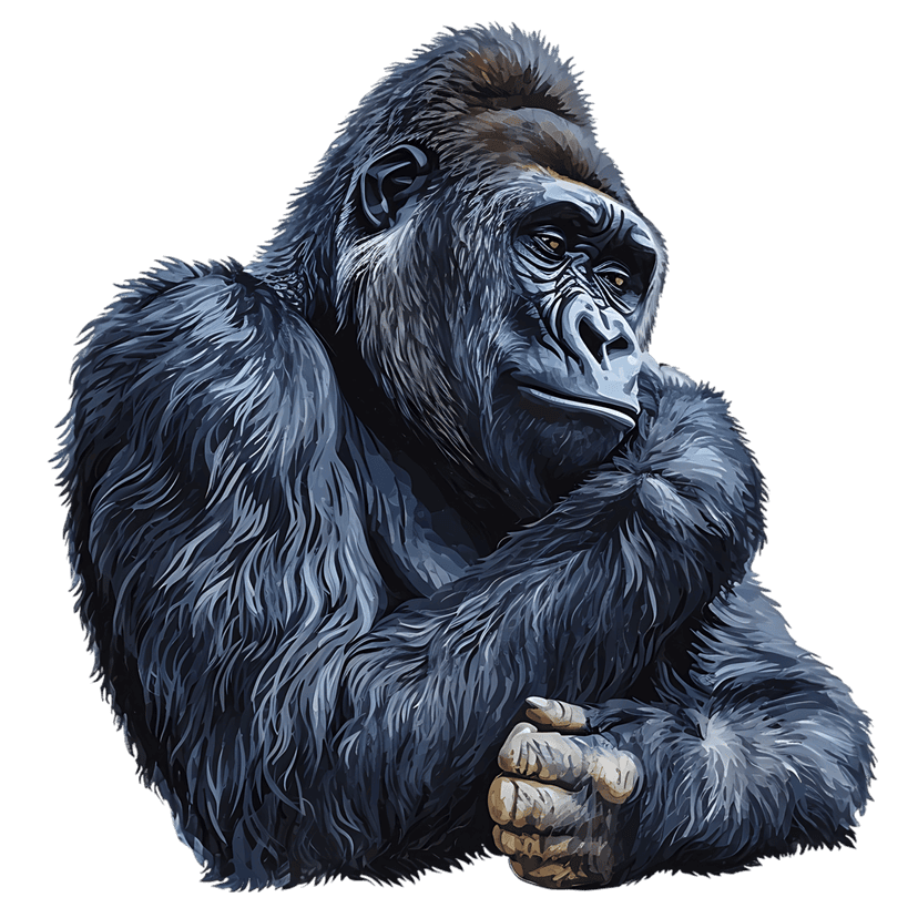 Gorilla portrait with textured dark fur and amber eyes posing with crossed arms on a black background.