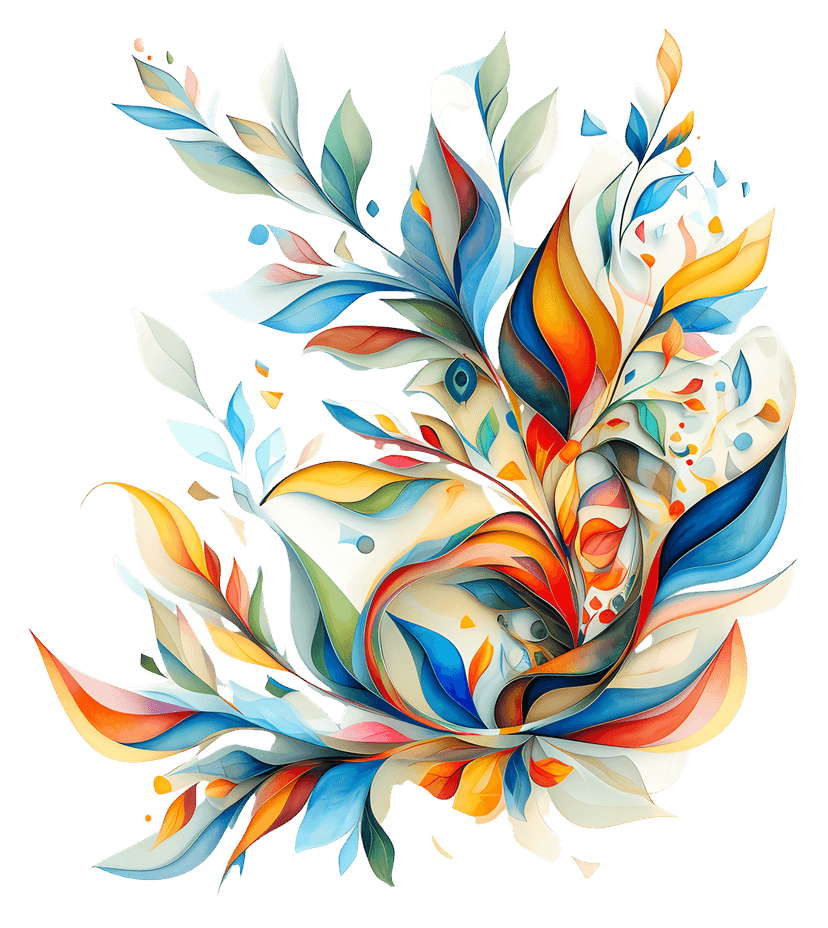 Abstract botanical leaves feature vibrant colors and stylized organic shapes against a transparent background.
