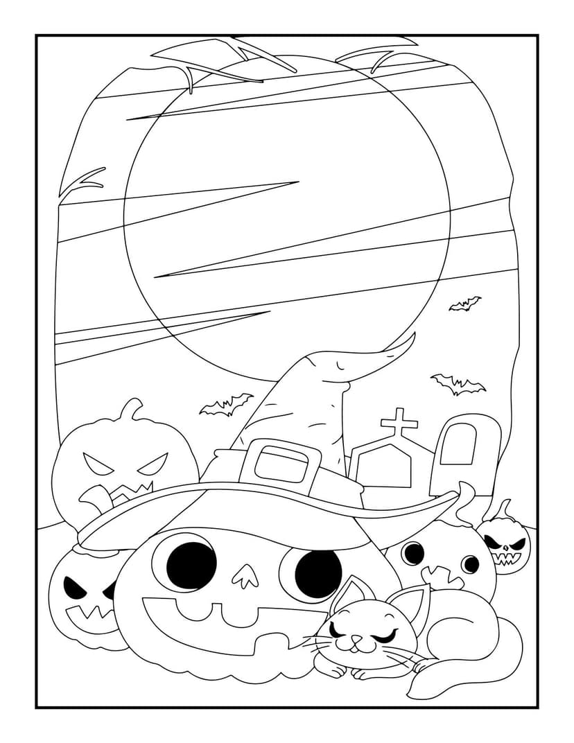 Halloween coloring page featuring sleeping cat beside pumpkins and witch hat under moon and stars line art.