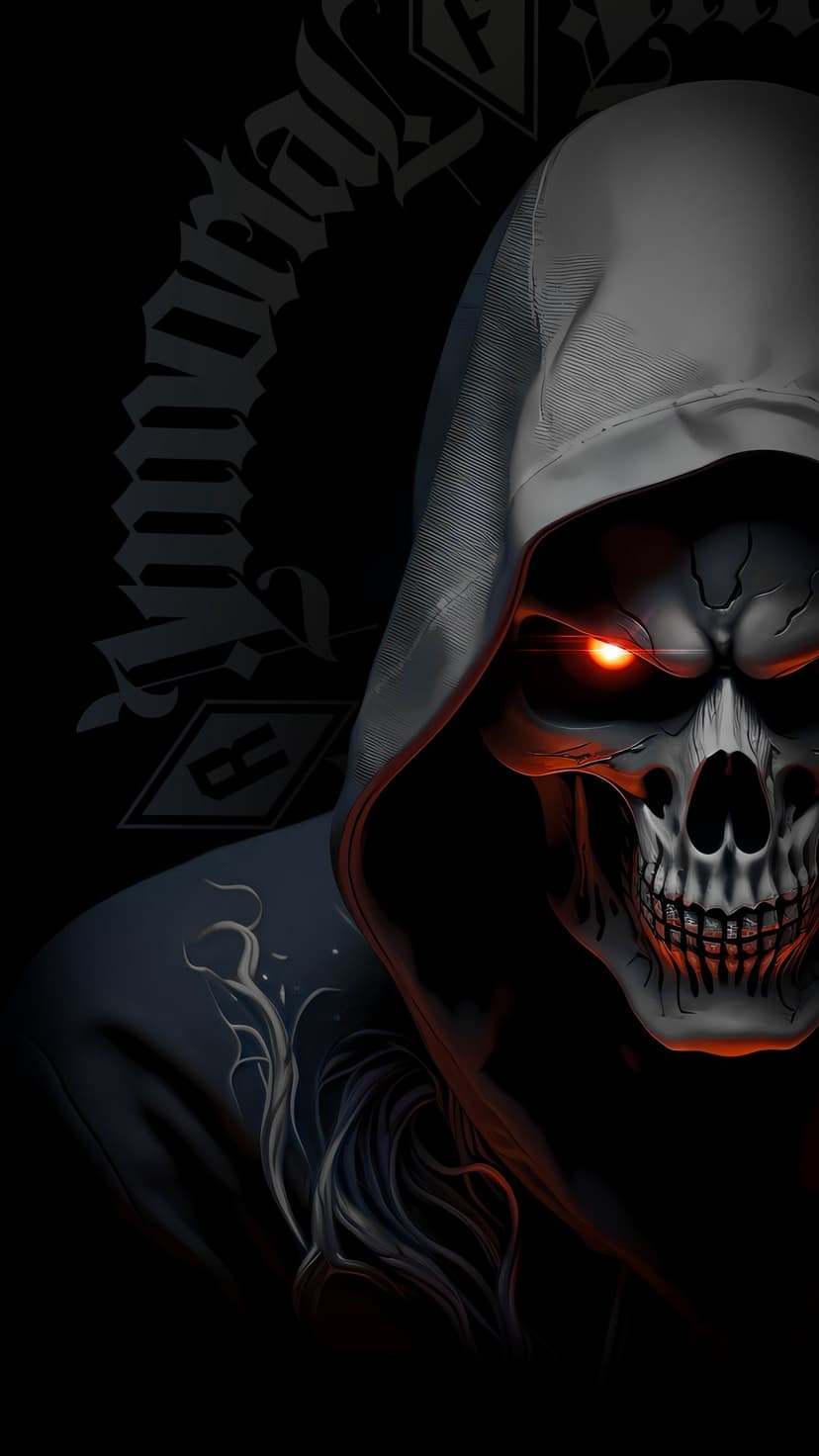 Hooded skull with glowing red eyes and intricate bone textures against a dark background with ornate lettering.