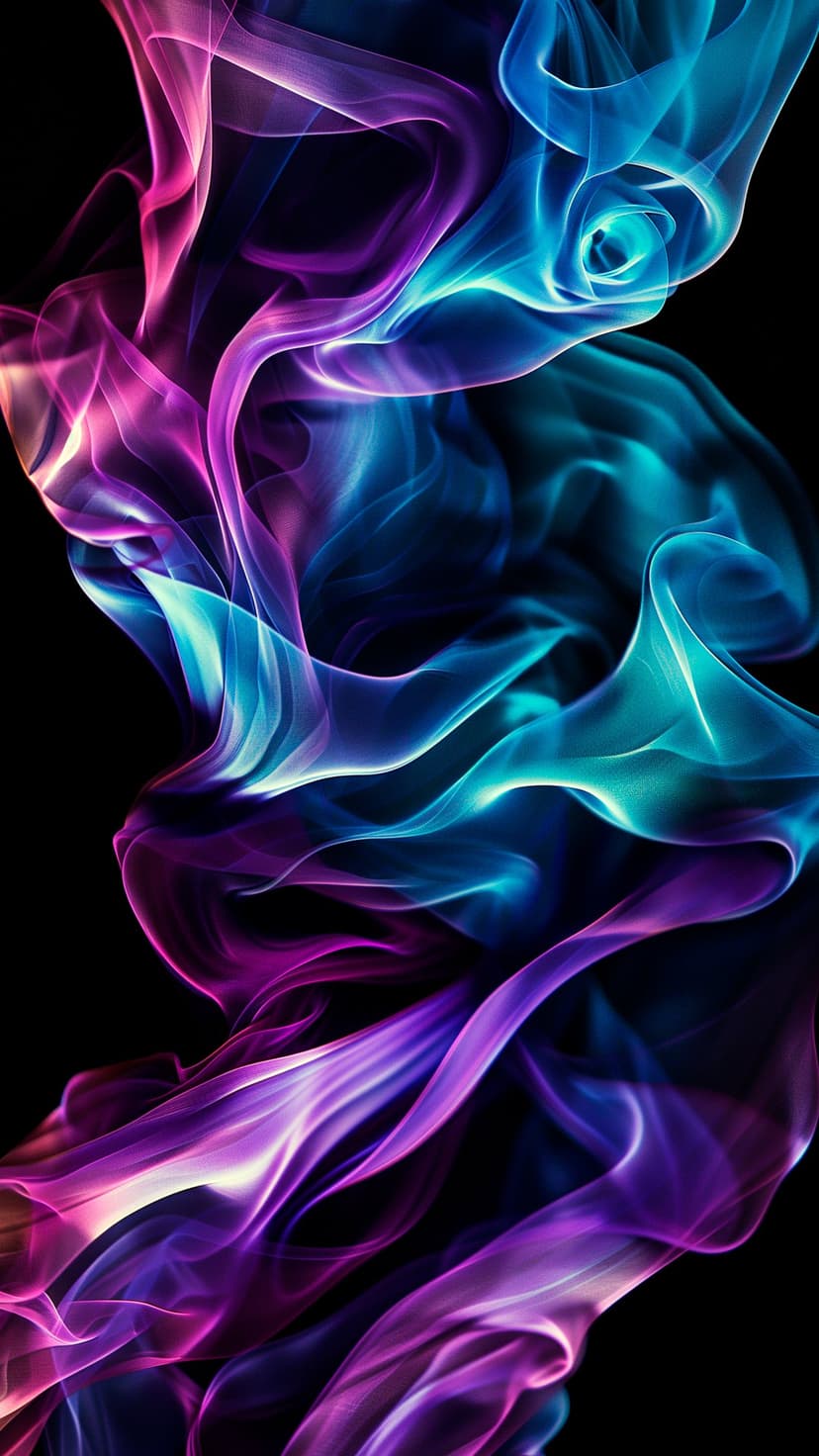 Purple and blue smoke wisps swirl against a black background with soft glowing light and intricate gas textures.