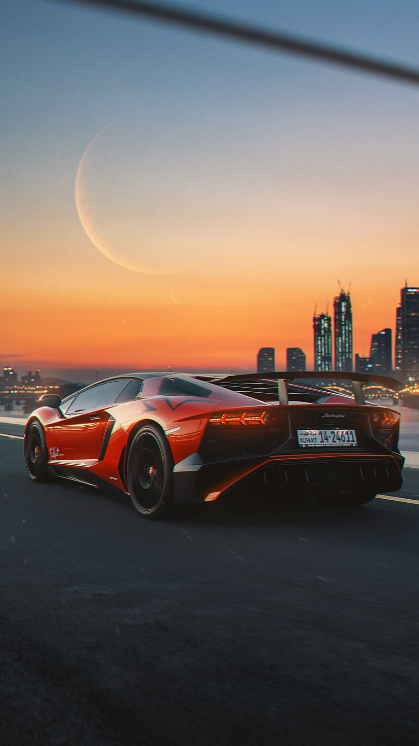 Red Lamborghini Aventador driving past city skyscrapers under a sunset sky with a visible crescent moon above.