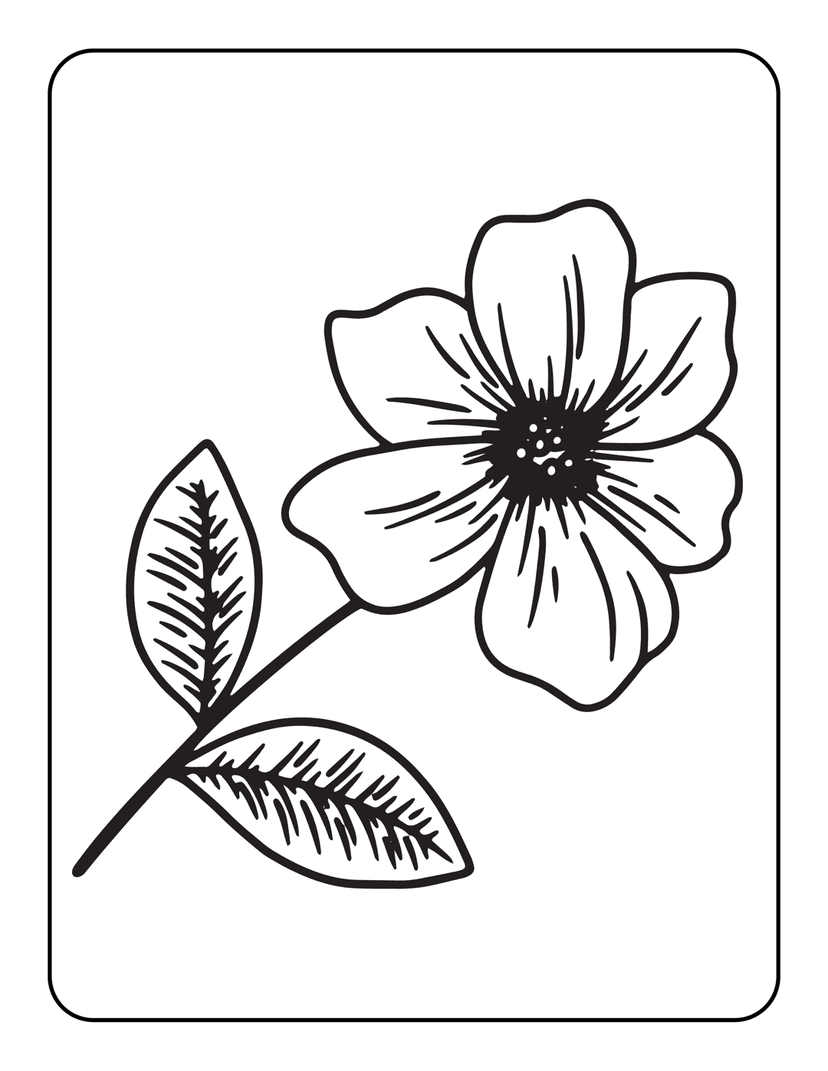 Flower coloring page featuring a single blossom with rounded petals and two leaves in black line art style.