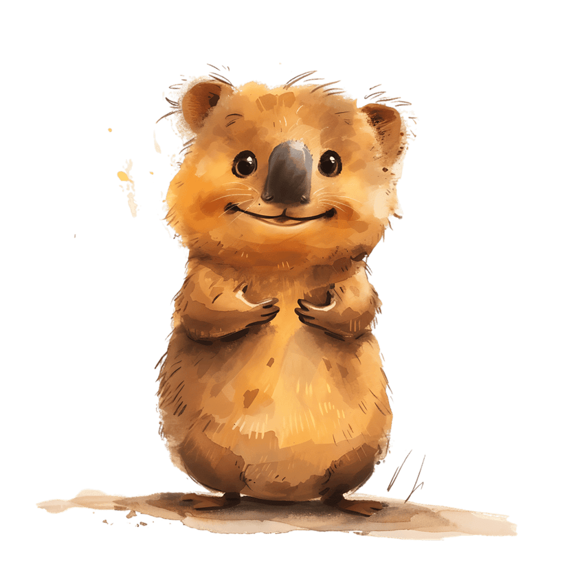 Quokka watercolor illustration featuring soft brown fur textures and large eyes on a transparent background.