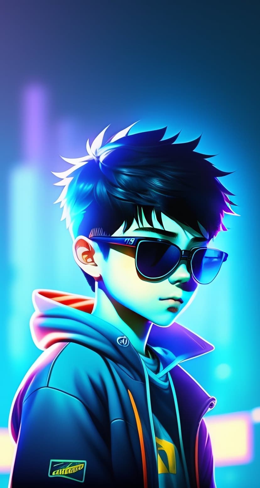 Teenage boy wearing reflective sunglasses and a blue hoodie stands before blurred purple and cyan neon city lights.