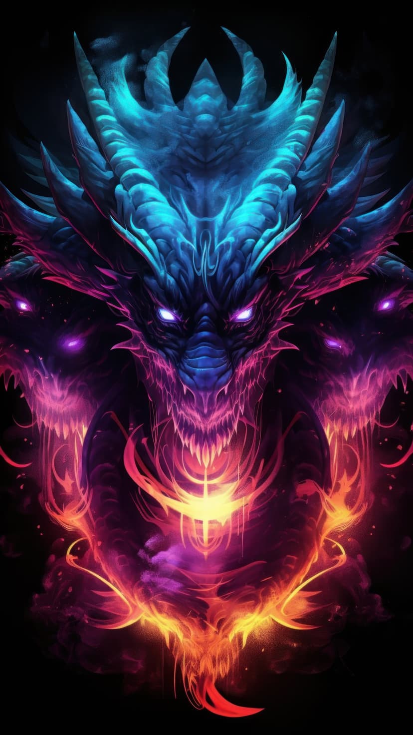 Multi-headed dragon with iridescent blue scales, glowing purple eyes, and sharp horns amid orange and yellow fire.