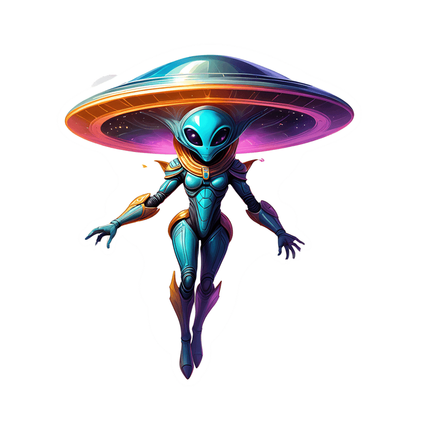 Blue alien character in teal armor standing under a glowing purple UFO saucer with a white sticker outline.