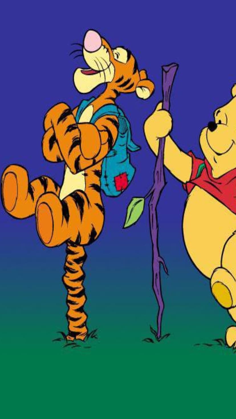 Tigger balances on one foot holding a blue sack beside Winnie the Pooh leaning on a purple walking stick.