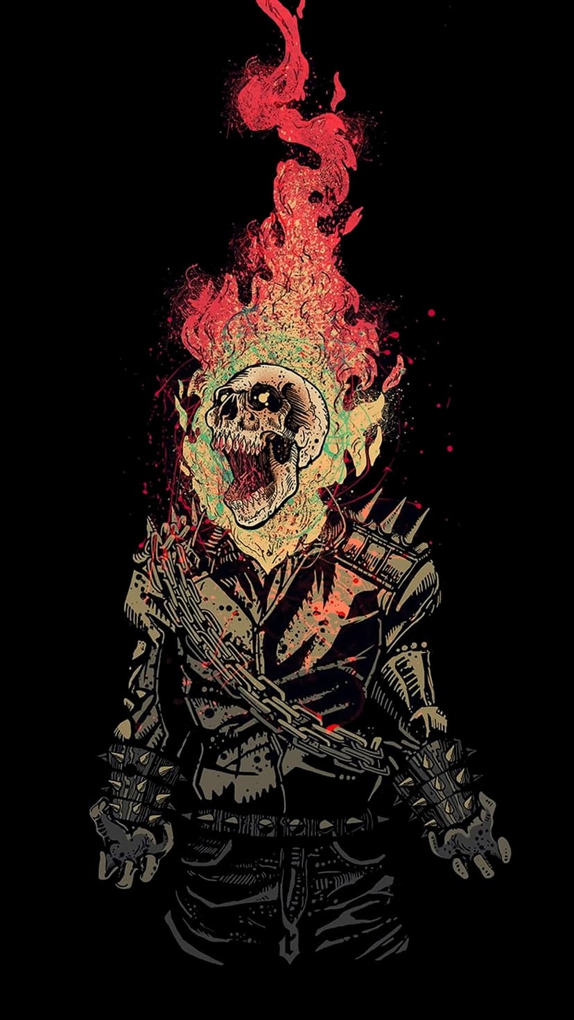 Flaming skull wearing a studded leather jacket with silver chains and metallic spikes on a black background.