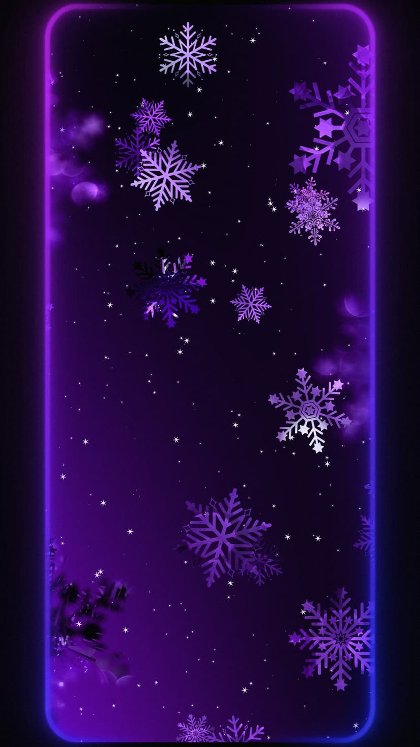 Purple snowflakes cascade across a star-studded midnight sky enclosed by a glowing neon violet rectangular border.