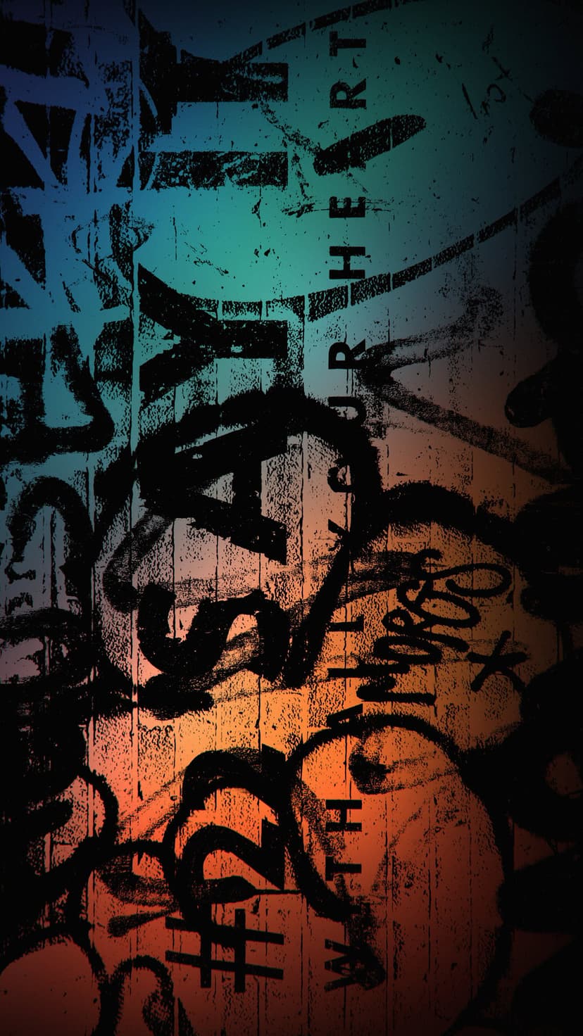 Jagged pulse line spans a textured teal to orange gradient wall with splattered paint and urban distress.
