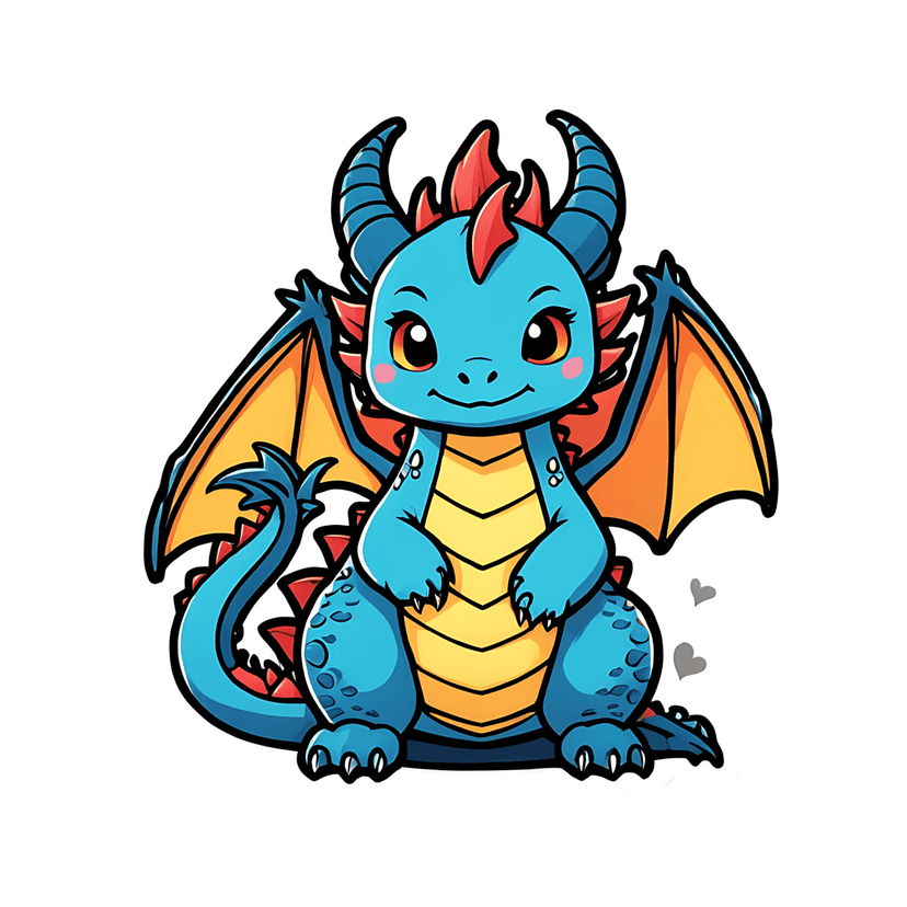 Blue dragon sticker illustration with orange wings, yellow belly, and white die-cut border on front-facing mascot.