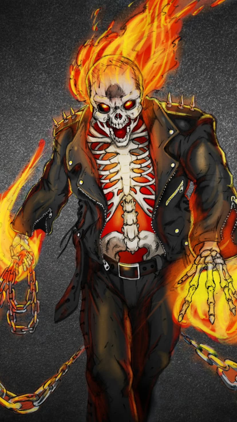 Ghost Rider with a flaming skull and spiked leather jacket holds glowing chains against a dark textured background.