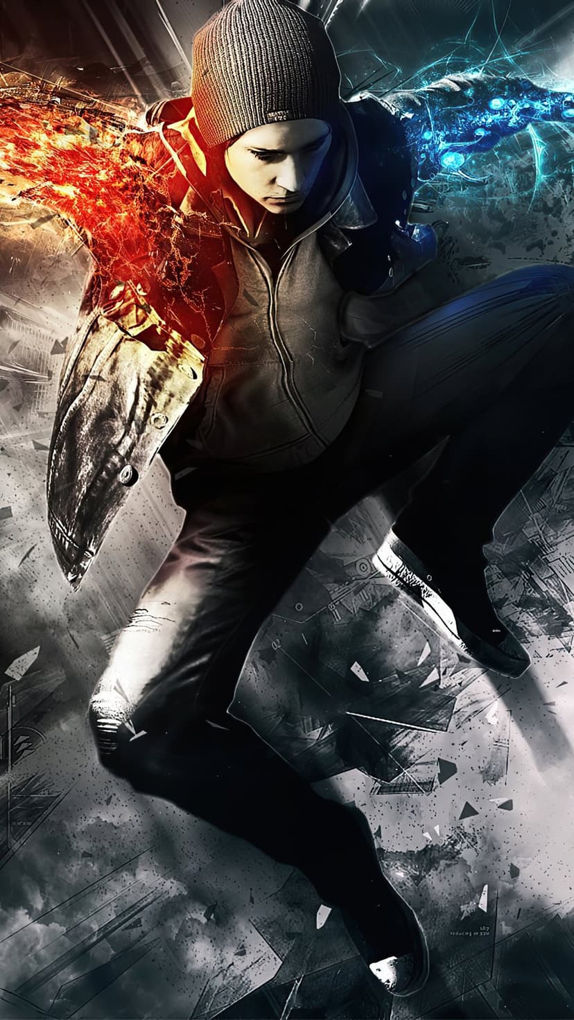 Delsin Rowe crouching with orange smoke and blue neon energy effects against a shattered monochromatic background.