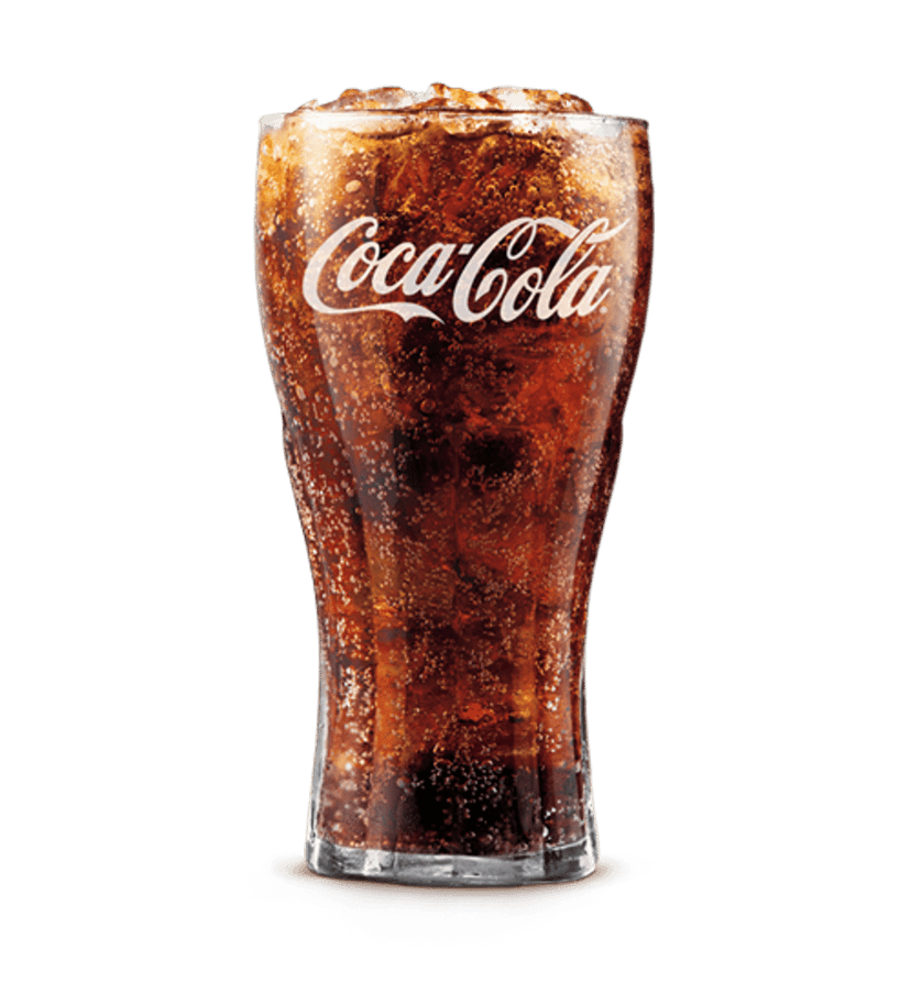 Coca-Cola glass with ice cubes and condensation droplets shown in a side profile on a transparent background.