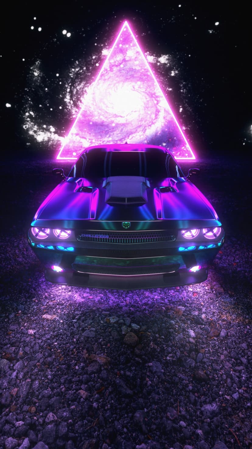 Dodge Challenger with glowing headlights on rocky ground before a triangular neon pink and purple galaxy portal.