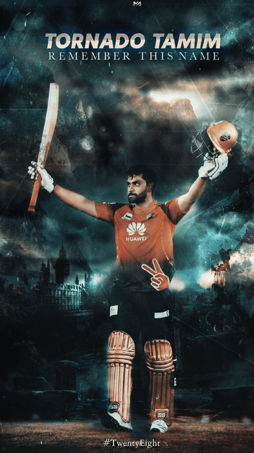 Tamim Iqbal holds his cricket bat and helmet aloft against a dark stormy background in a triumphant pose.