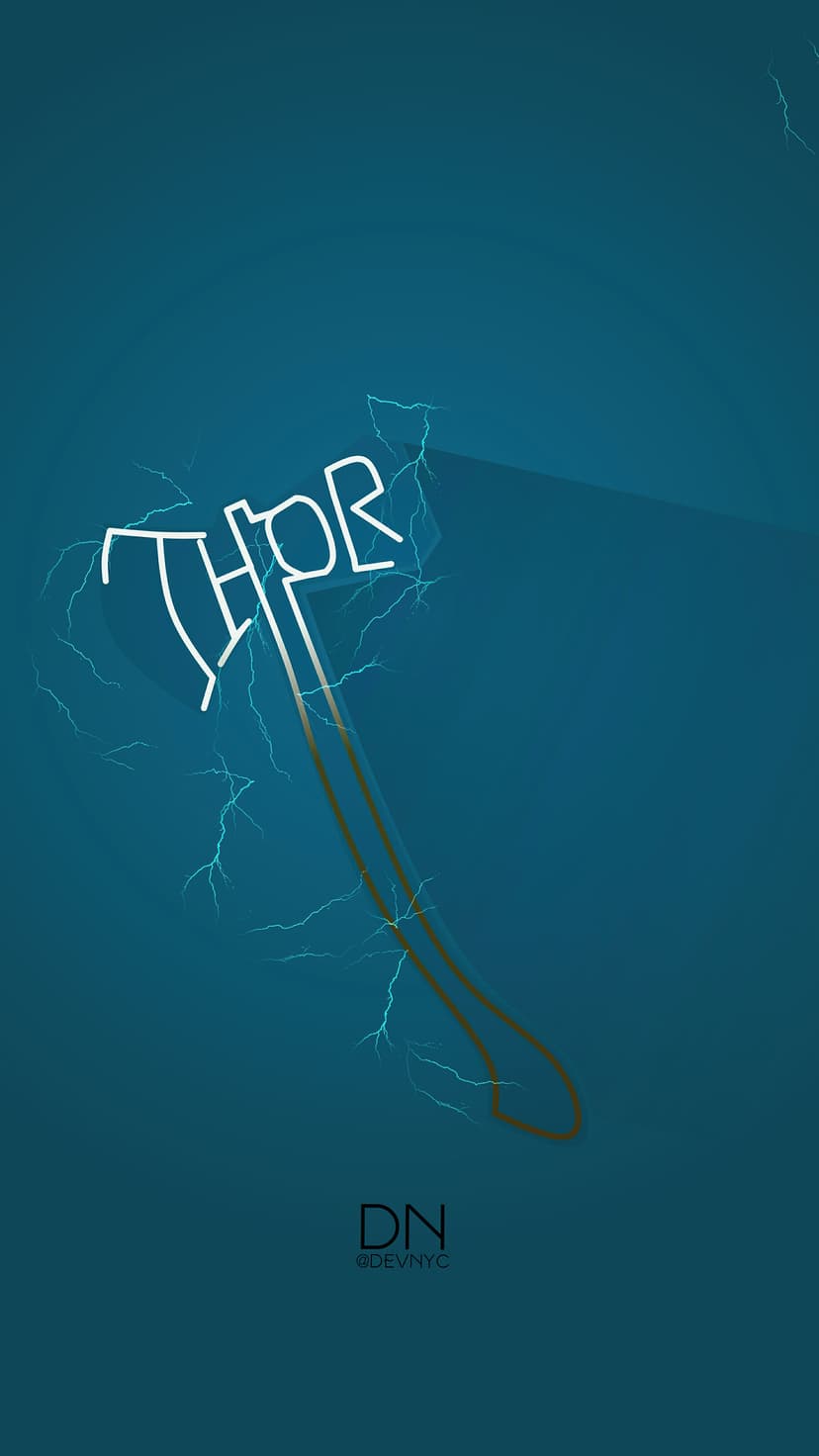 Mjolnir hammer centered between white lightning strikes on a deep blue background with clean line art.