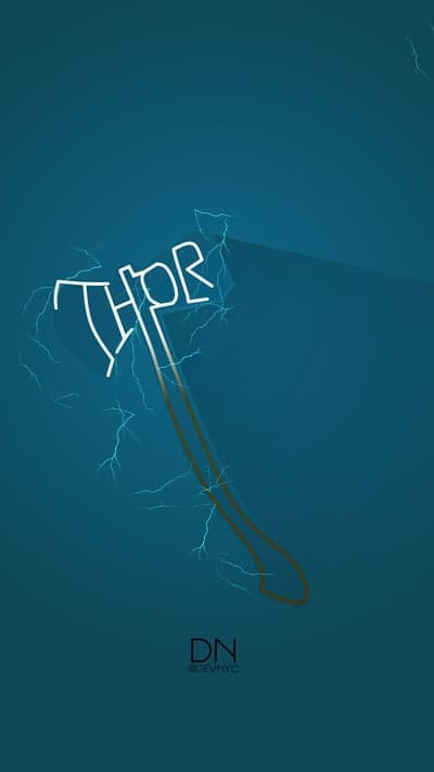 Minimalist Thor Hammer Art with Lightning on Blue Background