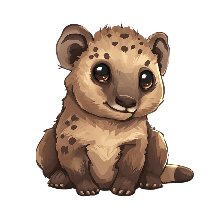 Hyena pup illustration with large expressive eyes and spotted brown fur sitting against a solid black background.