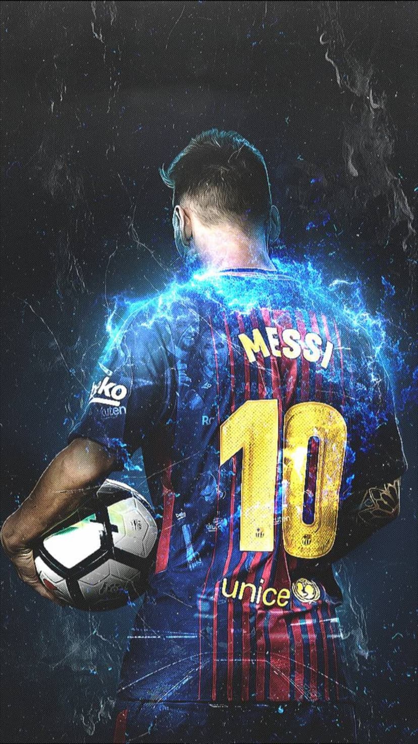Lionel Messi stands in a Barcelona kit holding a soccer ball as vibrant blue electric energy surges around him.