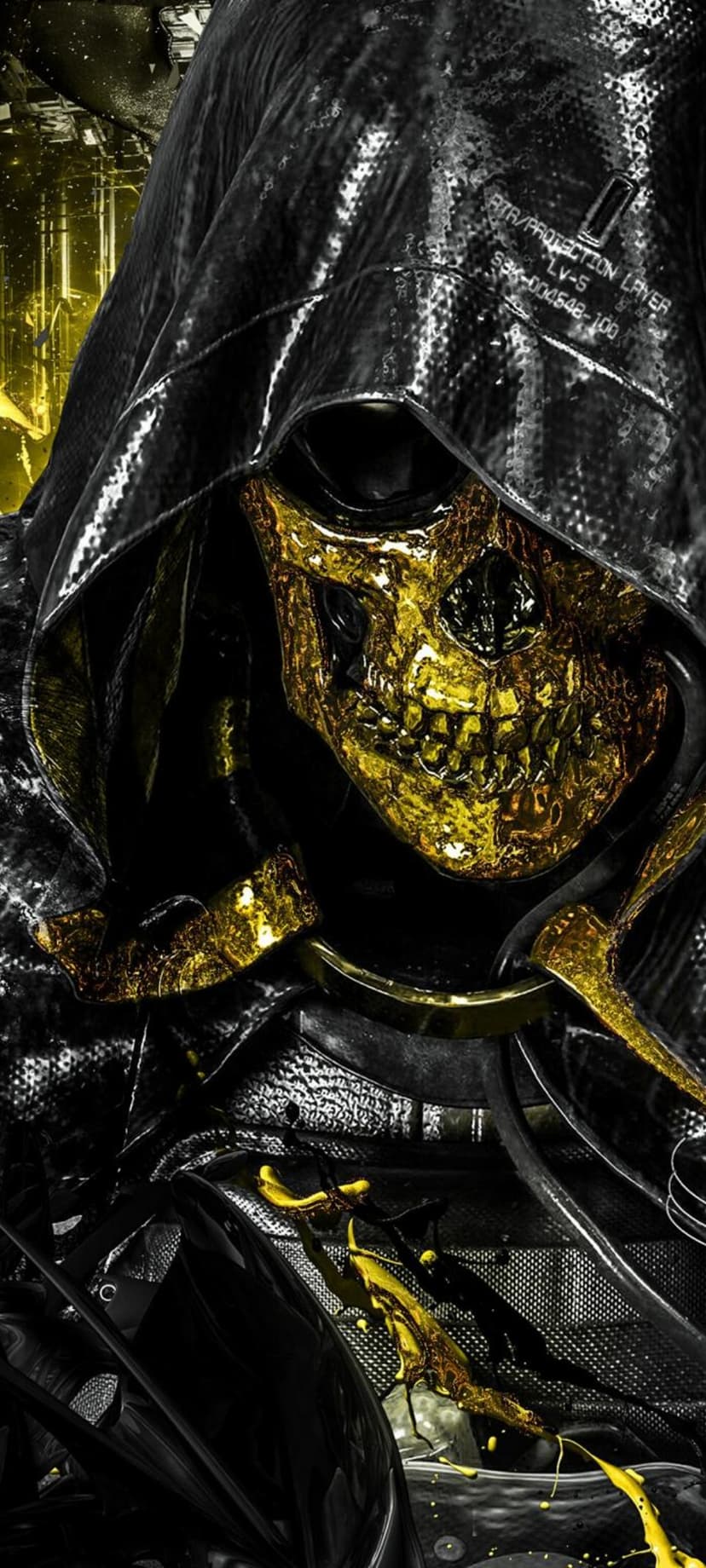 Golden skull mask with hollow eye sockets peers from a black glossy hood with vibrant yellow liquid splashes.