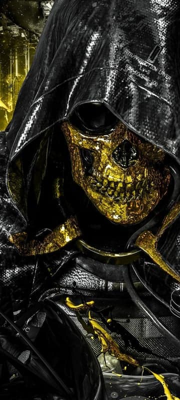 Golden Skull Mask Reaper Hood Black Shiny Outfit
