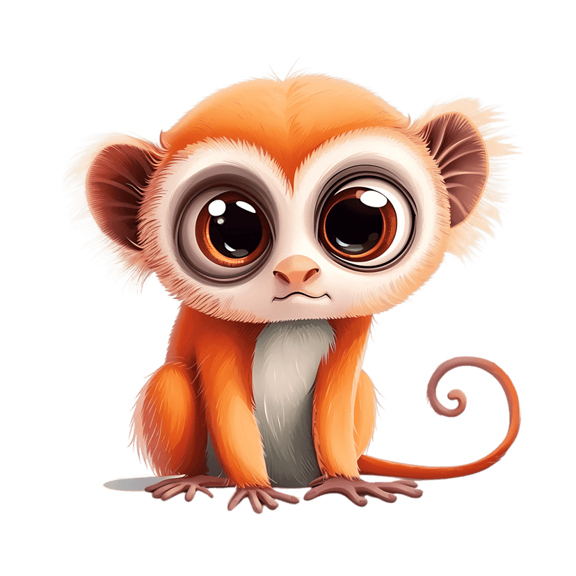 Cartoon lemur with large brown eyes and orange fur sits against a black background with a curled tail.