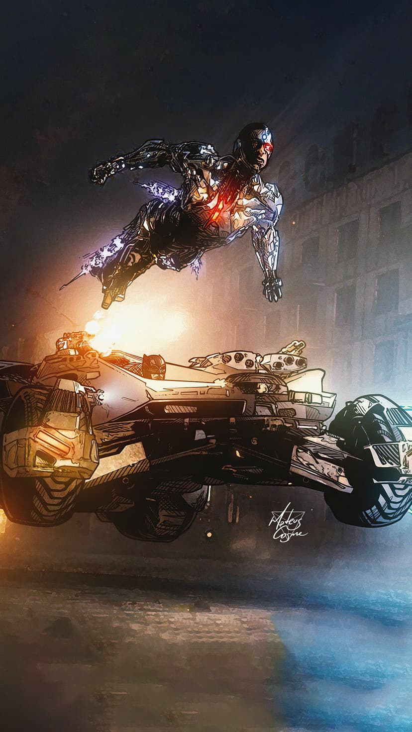 Cyborg with glowing red eyes flies above a weaponized Batmobile in a dark, industrial urban environment.