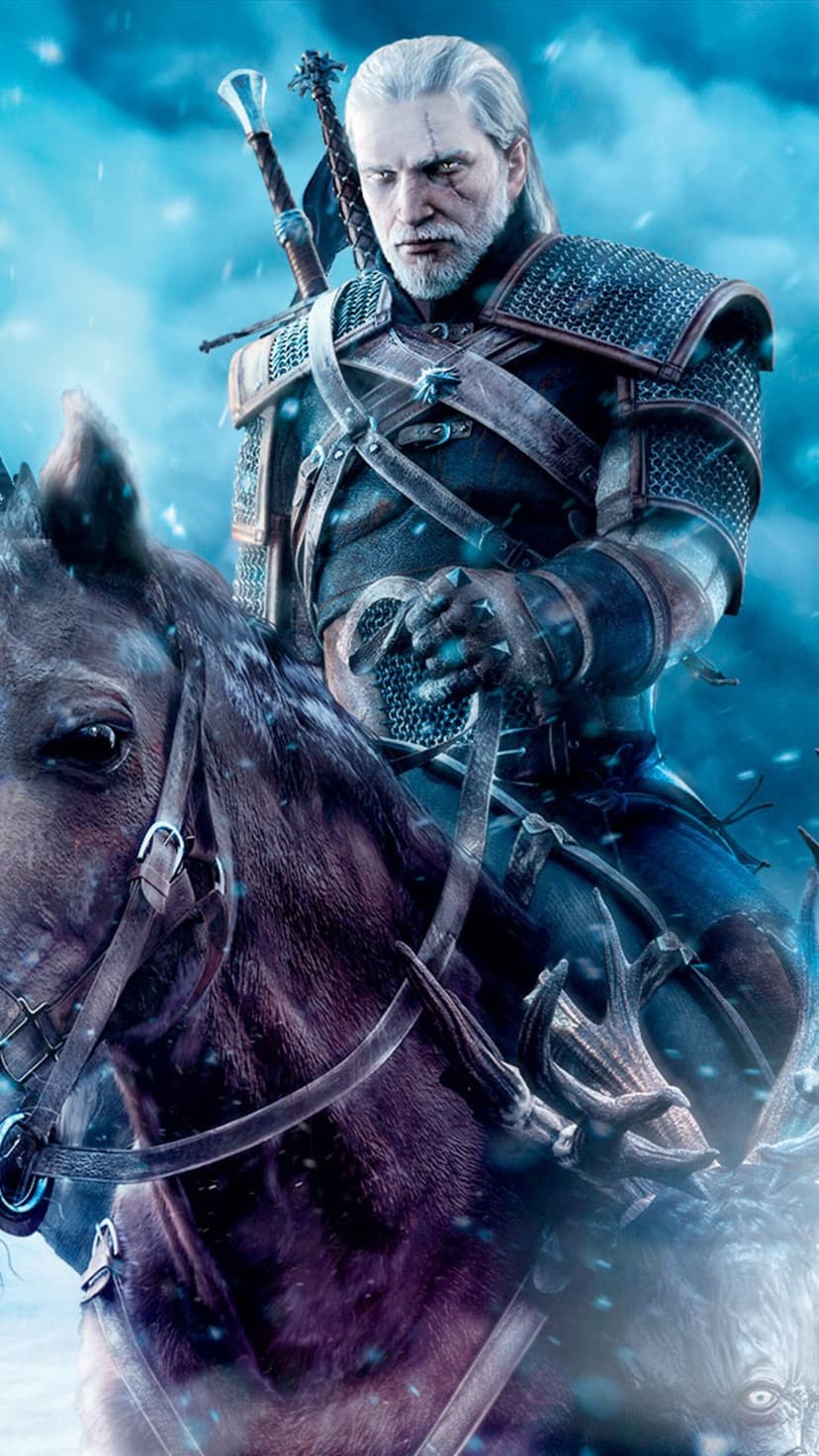 Geralt of Rivia with white hair and yellow eyes riding a horse while wearing detailed medieval armor in snow.