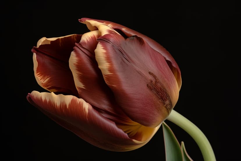 Burgundy tulip with white petal edges against a dark void, showing detailed veins and a smooth green stem.