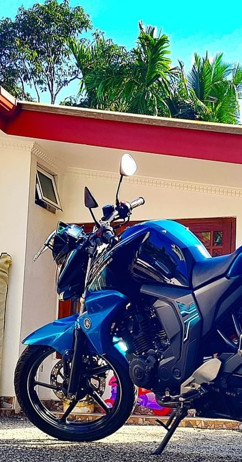 Blue sport motorcycle parked on a gravel drive with palm trees and a red-roofed house under a bright summer sky.