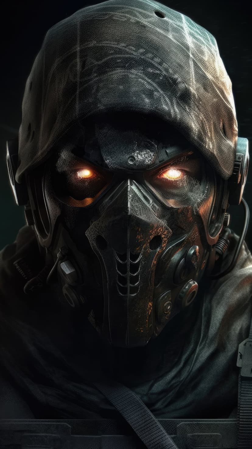 Cyberpunk soldier with a weathered black tactical mask and bright glowing orange eyes peering out from darkness.