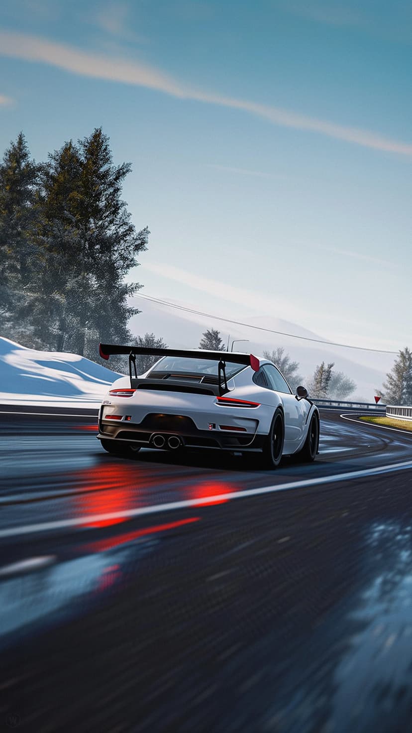 White Porsche 911 GT3 racing on a wet asphalt road flanked by snow-covered trees and blue mountains.