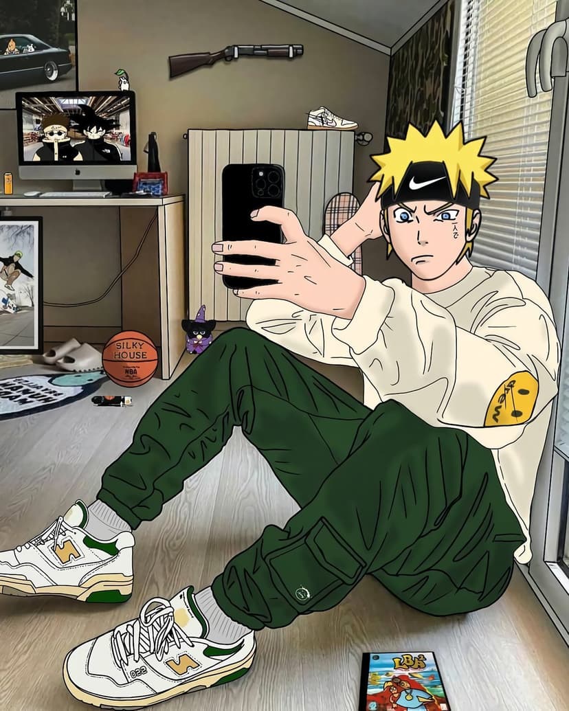 Blonde ninja in a white hoodie and green pants takes a smartphone selfie while sitting in a cluttered bedroom.