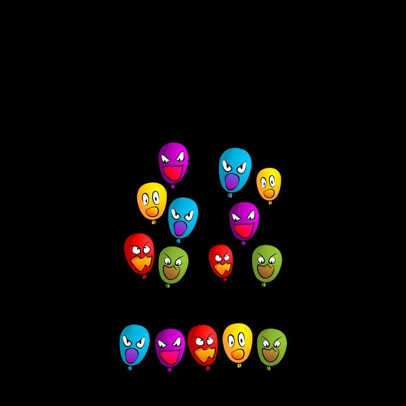 Colorful monster balloons with silly facial expressions float in a pattern against a solid black background.