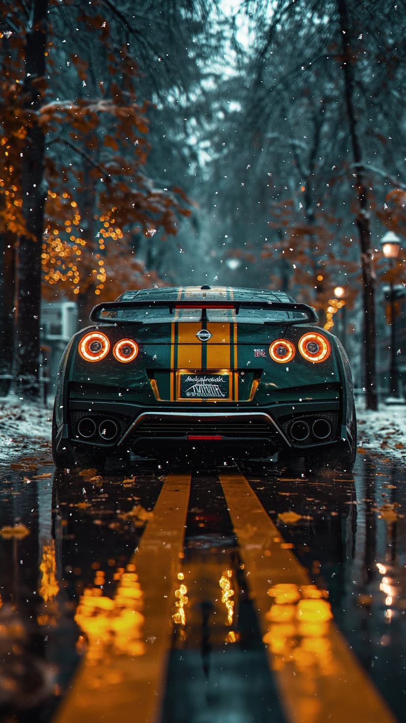 Nissan GT-R rear view with glowing taillights on a wet snowy road between orange autumn trees in a vertical frame.