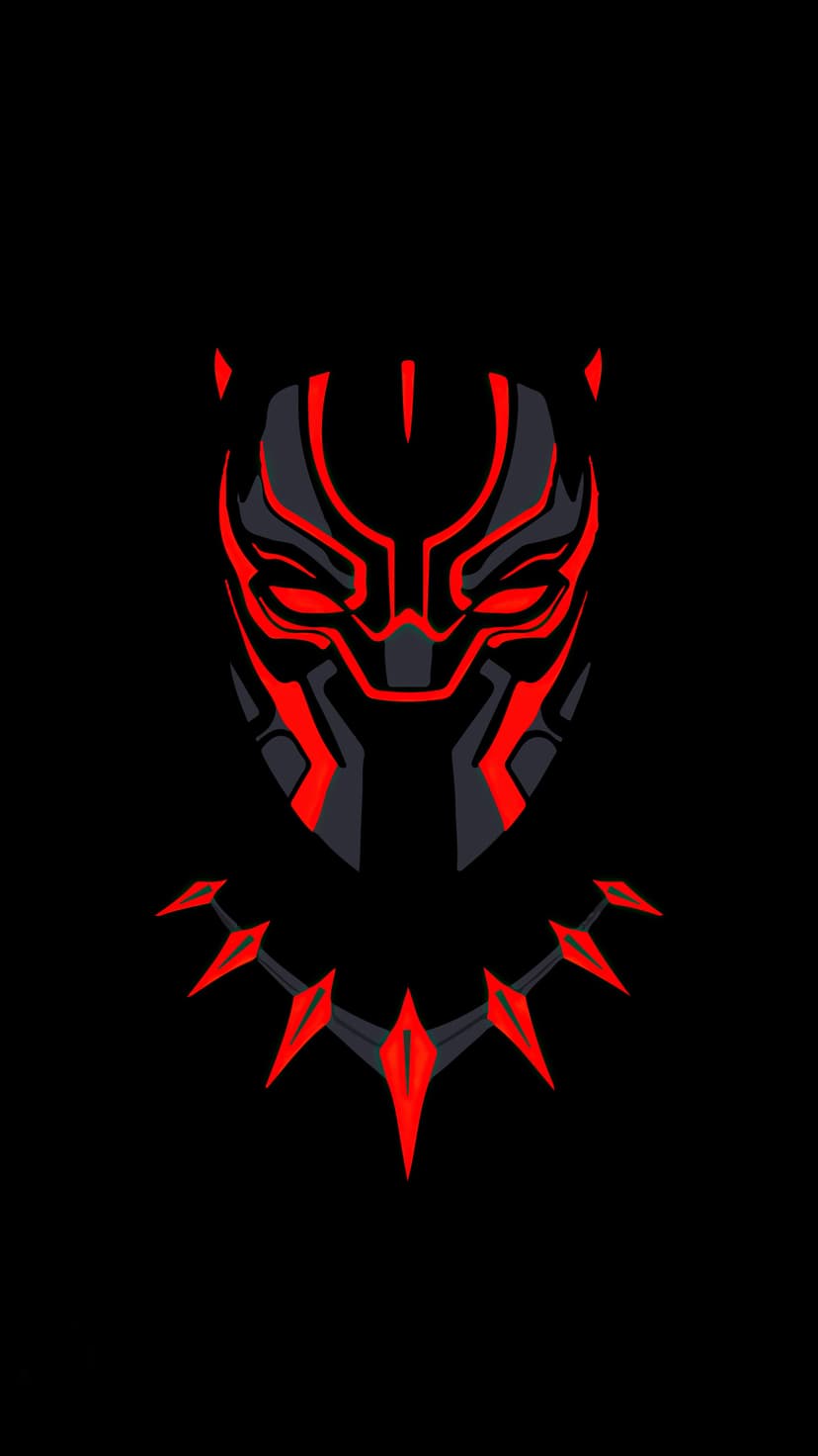 Black Panther mask and vibranium necklace rendered in red and black with sharp lines on a solid black backdrop.