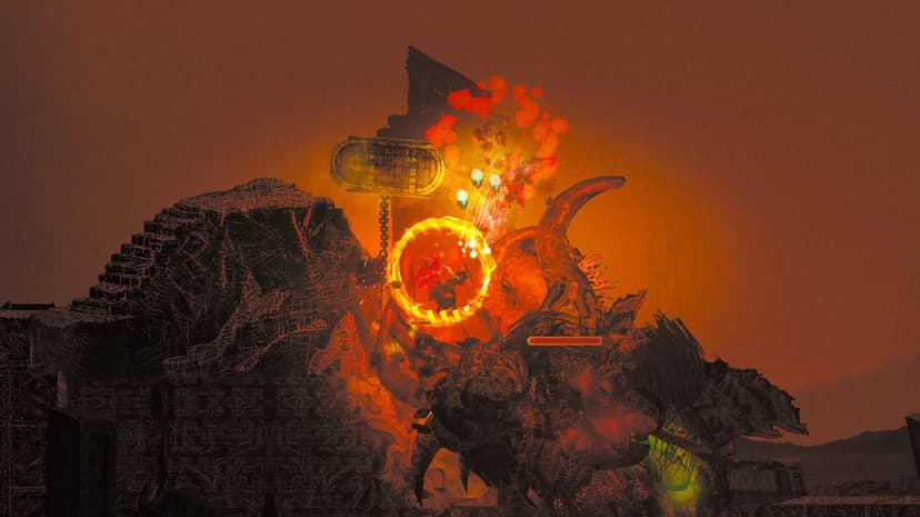 Dark warrior inside a glowing orange ring battles a massive monster in a desolate ruin under a dusty red sky.