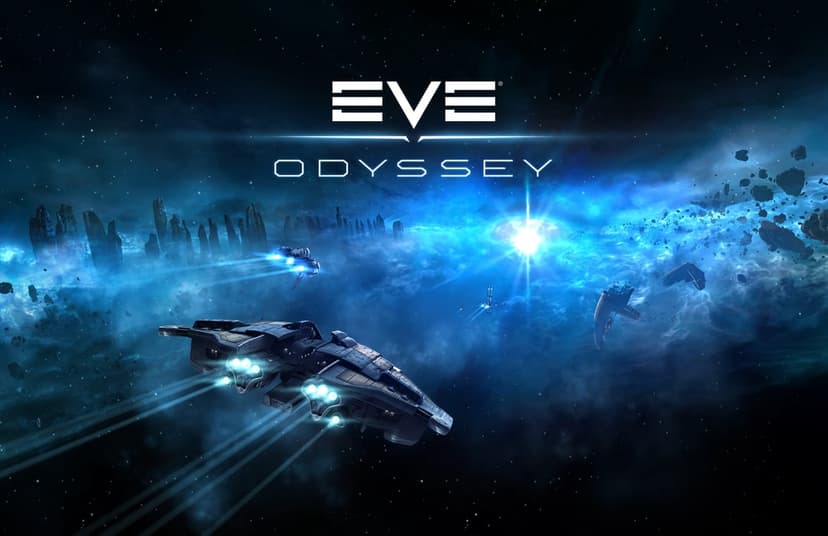 Spaceships fly through a bright blue nebula towards a radiant star amidst floating space debris and asteroids.